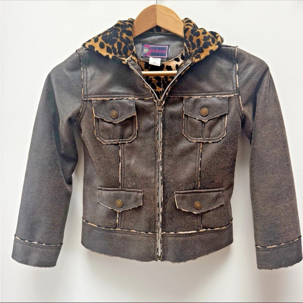 Dollhouse Girls Faux Leather Jacket Sz M Distressed Brown Leopard Lined Hood